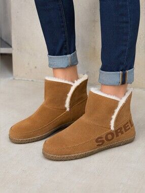 Sorel Nakiska Chestnut Suede Shearling Slippers Women’s Size 7 Cozy Winter Shoes